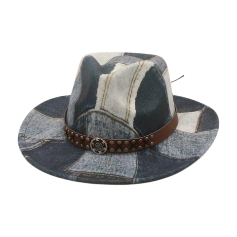 Cappello Da Cowboy Western Retrò Fedora In Denim Patchwork Con Cinturino In Pelle Con Borchie Protezione Solare