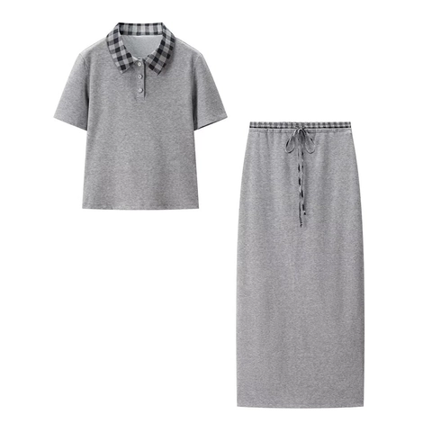 Top Polo A Maniche Corte Da Donna E Gonna Lunga Con Vita Elastica Coulisse Finitura A Quadri Maglia Casual