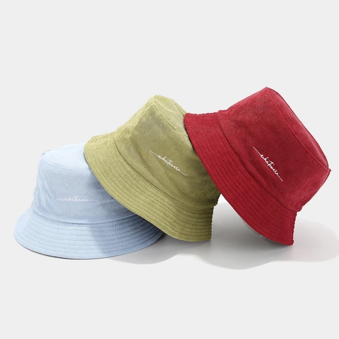 Cappello da Pescatore alla Moda in Velluto a Coste Donna Uomo Vintage Lettera Ricamata Protezione Solare Pieghevole Casual