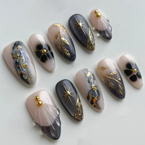 Uñas Postizas Press On 3D Ojo De Gato Dorado Estrella Textura Concha ABS Plástico Almendra Larga Uñas Artificiales