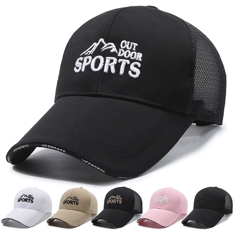 Casquette De Baseball En Filet Sports De Plein Air Respirante Bord Long Protection Solaire Réglable Broderie Montagne