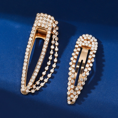 Elegant Rhinestone Hair Clips Gold Alloy Water Drop Geometric Tassel Chain Decorative Hairpins For Women