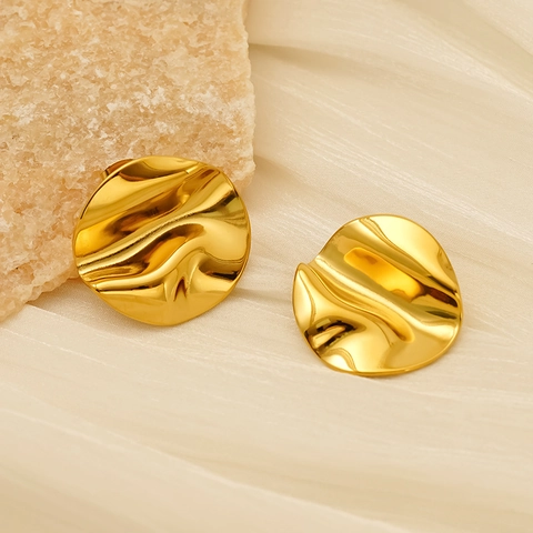 Round Irregular Wrinkled Stud Earrings 18K Gold Plated 304 Stainless Steel Wavy Texture Modern Fashion Jewelry For Women