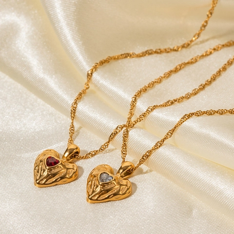 Collier Pendentif Cœur Martelée Acier Inoxydable Plaqué Or 18K Vintage Zircon Style INS Bijoux Pour Femmes