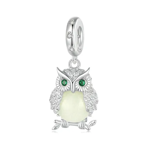 925 Sterling Silver Luminous Owl Pendant Glow In The Dark Charm With Green Zirconia For DIY Jewelry Making Women Accessory