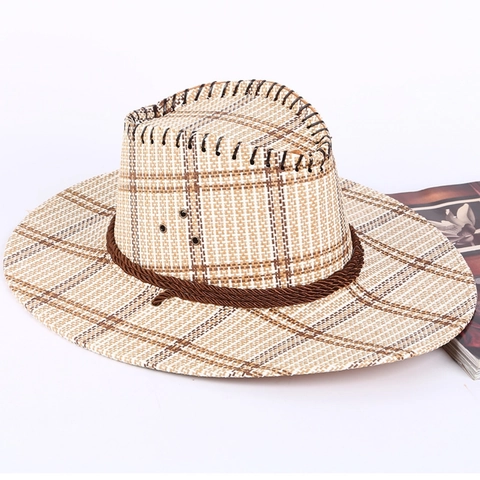 Western Cowboy Straw Hat For Men Women Foldable Plaid Beach Sunshade Jazz Hat With Decorative Rope Breathable Metal Vents