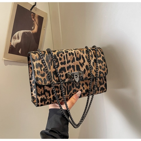 Leopard Print Shoulder Bag PU Leather Retro Square Chain Crossbody Bag With Metal Lock Street Style For Women Trendy