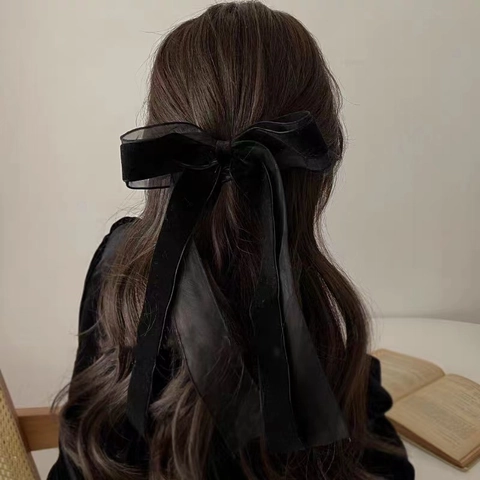 Molletta Per Capelli Con Fiocco In Velluto Francese Vintage Nastro Lungo Organza Mesh Elegante Retro Fermaglio Donna