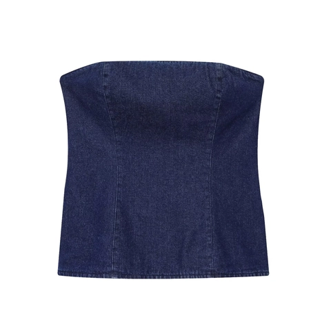 Damen Denim Tube Top Und Weite Hose Dunkelblau Trägerlos Sexy Hohe Taille Streetwear Lässiges Modisches Outfit