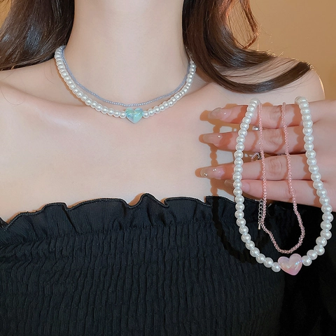 Double Layer Necklace With Heart Pendant White Imitation Artificial Pearl And Blue Seed Beads Alloy Clavicle Chain Sweet Jewelry For Women