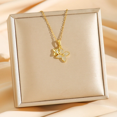 Kleeblatt Anhänger Halskette Titanstahl Zirkonia Mehrlagige Schlüsselbeinkette Eleganter Schmuck Für Damen