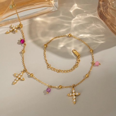 Collana Con Pendente A Croce Acciaio Inossidabile Placcato Oro 18K Zirconia Perline Colorate Gioielli Bohémien INS Per Donna