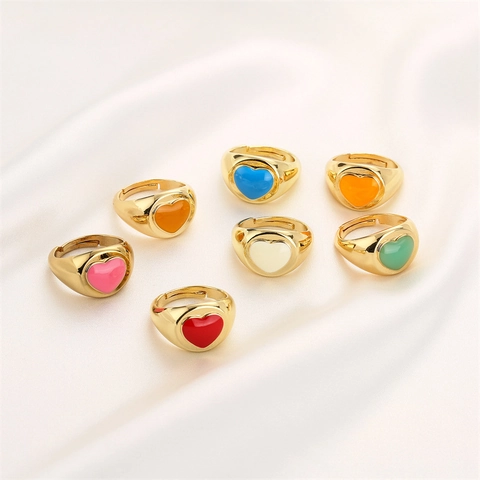 Bague Ouverte En Forme De Coeur Pour Femmes Ajustable Cuivre Micro Incrusté De Zircon Émail Coloré Bijoux Tendance