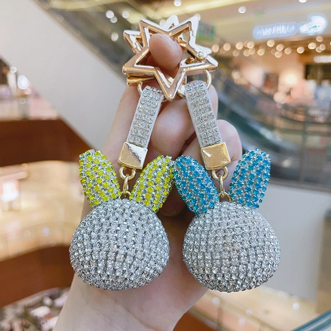 Rhinestone Cute Rabbit Head Keychain Shiny Alloy Bunny Bag Charm Star Clasp Luxury Car Key Ring Decorative Pendant For Women Jewelry Gift