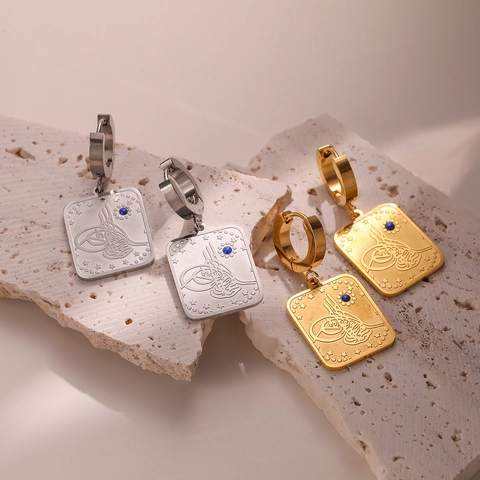 Pendientes Colgantes Rectangulares Vintage Acero Inoxidable Chapado En Oro Real Grabado Tughra Otomana Circón Azul Para Mujeres