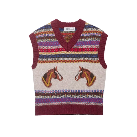 Women Retro V Neck Knitted Vest Vintage Horse Jacquard Sleeveless Sweater Fair Isle Knitwear Top Wine Red