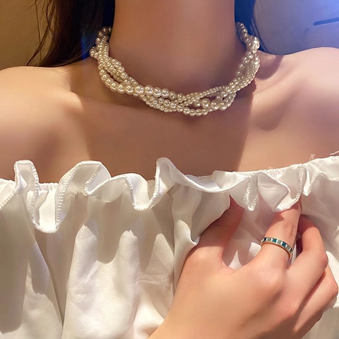 Multi Layer Imitation Artificial Pearl Necklace Alloy Retro Baroque Style Elegant Choker Jewelry For Women Sophisticated Accessory