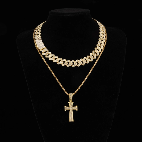 Collana Con Pendente A Croce Lega Di Zinco Strass Completi Iced Out Catena Cubana Gioielli Hip Hop Lusso Per Uomo