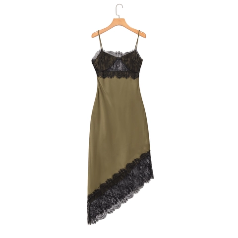 Damen Satin Unterkleid Spitze Patchwork V Ausschnitt Asymmetrischer Saum Ärmellos Spaghettiträger Sexy Elegant Abendparty