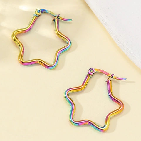 Pendientes De Aro Con Estrella De Pentagrama En Color Arcoíris Irisado De Acero Inoxidable Joyería Mínima Para Mujeres
