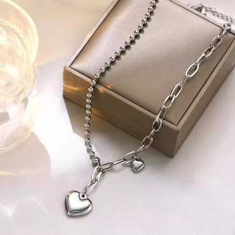 Double Heart Pendant Necklace Titanium Steel Asymmetrical Spliced Bead And Link Chain Silver Color Chic For Women