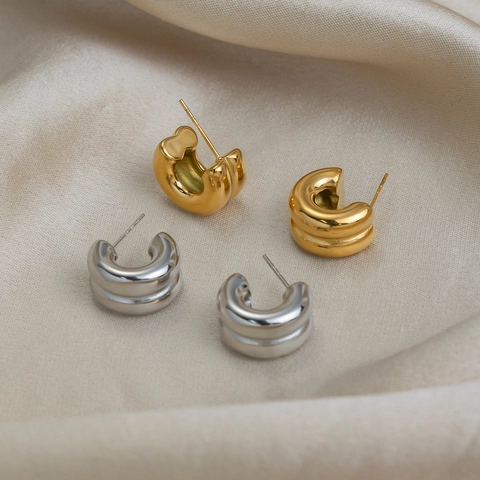 Chunky C-Shape Hoop Earrings Layered Ridged Stainless Steel 18K Gold Plated Waterproof Hypoallergenic Jewelry For Women
