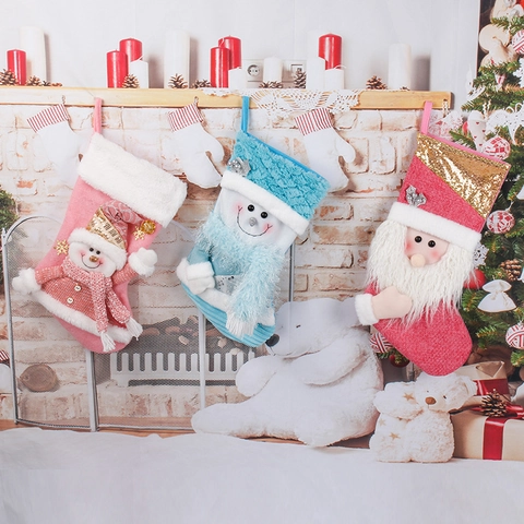 Kerstsok Pluche Gebreid 3D Kerstman Sneeuwpop Lovertjes Open Haard Hangende Cadeautas Vakantie Decoratie
