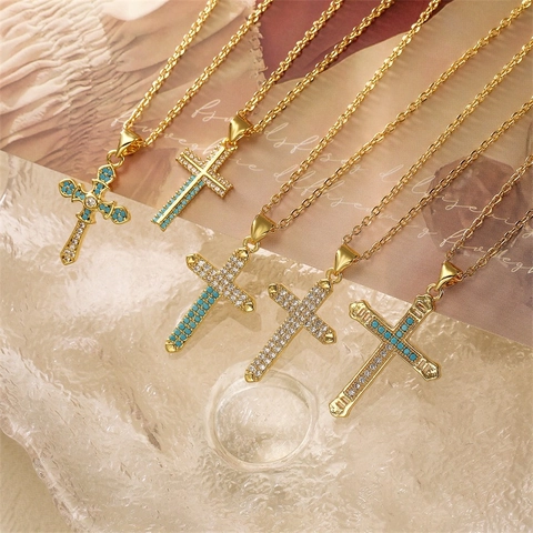Cross Pendant Necklace Copper Inlaid With Turquoise And Zircon Fashion Ins Style Jewelry For Women Clavicle Chain