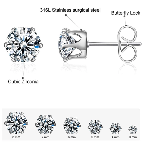 Minimalist Stainless Steel Zirconia Stud Earrings For Women Crown Six Claw Inlaid Zircon Earrings Jewelry Accessory