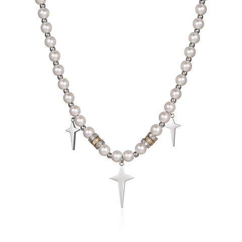 Hip Hop Splicing Artificial Pearl Cross Necklace Titanium Steel Star Pendants Rhinestone Jewelry Streetwear For Men Women