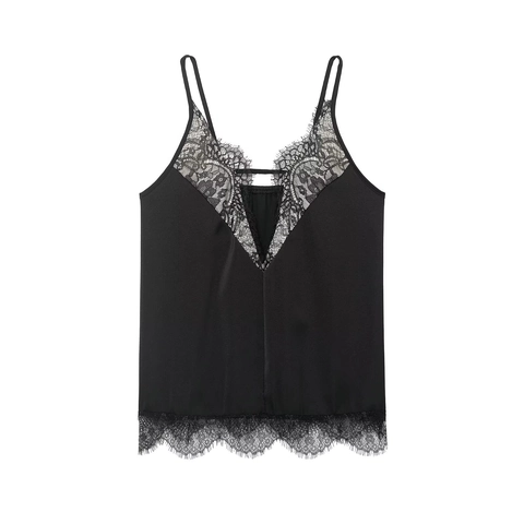 Women Satin Camisole Tank Top Lace Patchwork V Neck Adjustable Strap Sleeveless Sexy Streetwear Summer Top