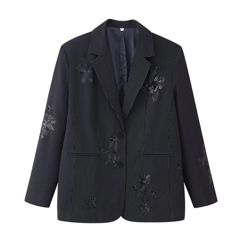 Blazer A Righe Da Donna E Pantaloni A Gamba Larga Ricamo Di Paillettes Vita Alta Moda Streetwear