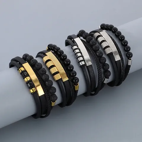 Bracciale Uomo Pelle Intrecciata Multistrato Chiusura Magnetica Acciaio Inossidabile Perle Pietra Lavica Punk