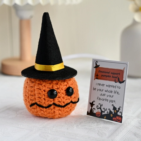 Handmade Crochet Pumpkin Ghost Pickle Emotional Support Doll With Card Halloween Home Decor Gift For Friends