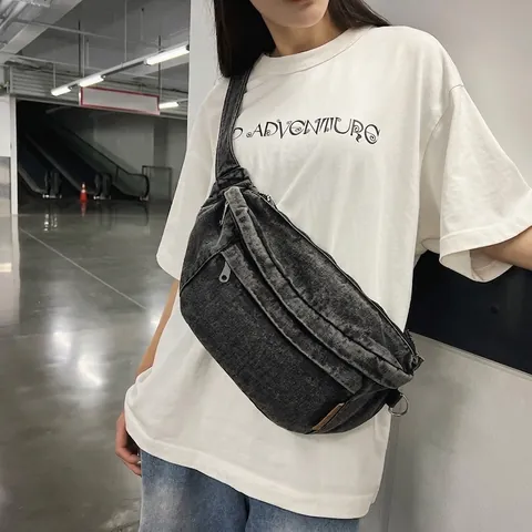 Retro Washed Denim Chest Bag Harajuku Streetwear Crossbody Bag With Adjustable Strap Multi Pockets For Daily Casual Wear