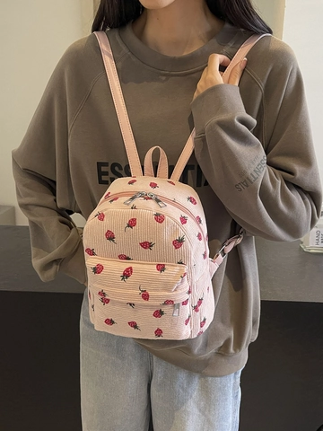 Corduroy Strawberry Print Backpack Cute Small School Daypack For Girls Students Sweet Fresh Style Zipper Closure