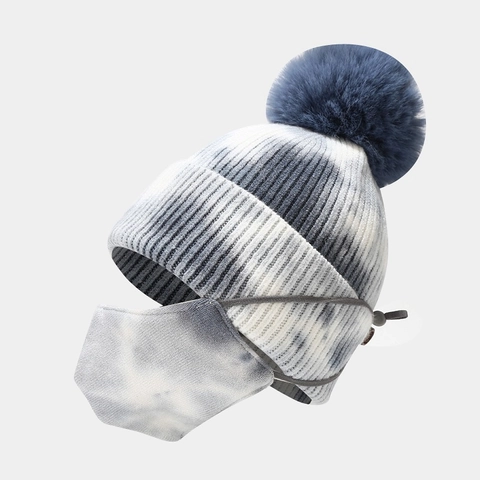 Kinder Winter Strickmütze Und Maske Batiken Beanie Mit Bommel Warm Für Babys Jungen Mädchen