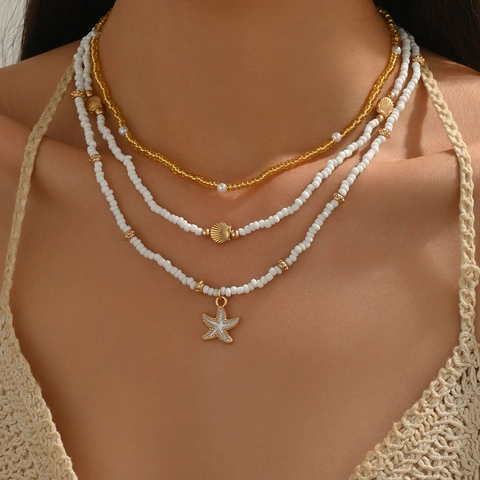 Bohemian 3-laags Rijstkralen Ketting Set Met Legering Goud Zeester Schelp Hanger Zomer Strand Sieraden Voor Dames Zaadkraal Choker Meerlagige Mode Vakantie Accessoires