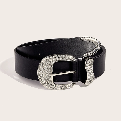 Women American Retro PU Leather Belt With Sparkling Rhinestone Horseshoe Buckle Personalized Black Waist Strap Fashion Decor Belt