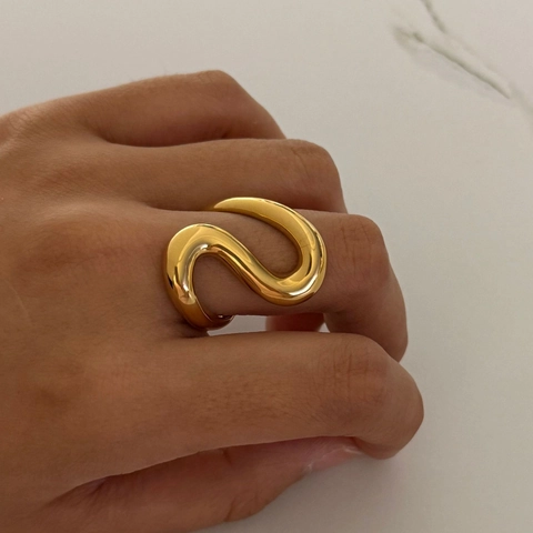 Geometric Wave Stainless Steel Ring Adjustable Open Band Waterproof Non Tarnish Minimalist Jewelry For Women
