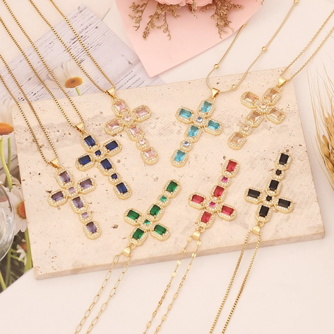 Collana Con Pendente A Croce Rame Micro Pavè Zircone Pietre Preziose Colorate Lusso Placcato Oro Gioielli Per Donna