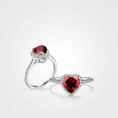 Anello Cuore 925 Argento Sterling Zirconia Rossa Elegante Halo Strass Gioielli Regalo Anniversario Donna