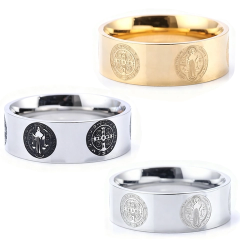 St Benedict Medal Ring Stainless Steel Religious Cross Vintage Band Jewelry For Men Women Christian Retro Design
