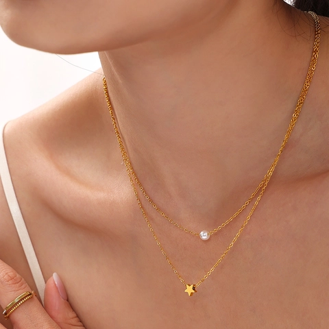 Collar De Varias Capas Con Colgante De Estrella Acero Inoxidable Perla Artificial De Imitación Joyería De Moda Para Mujer Chapado En Oro Minimalista