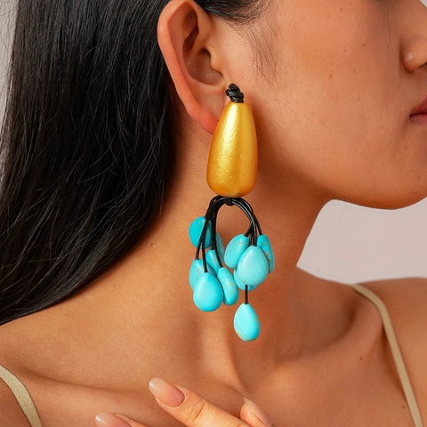 Orecchini Pendenti Bohemien A Goccia Con Legno E Pietra Turchese Silver Earring Post Stile Etnico Donne