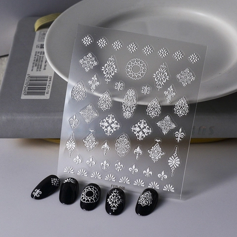 Autocollants Pour Ongles 5D Relief Baroque Style Plâtre Blanc Fleur Coeur Totem Décalcomanies De Manucure Auto-Adhésives
