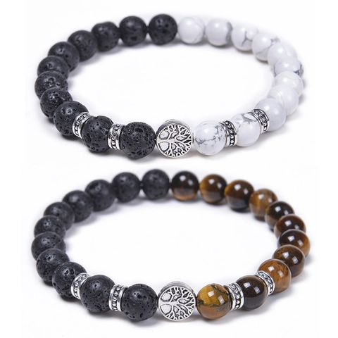 Bracciale Di Perle In Pietra Naturale Albero Della Vita Occhio Di Tigre Pietra Lavica Agata Gioielli Elastici Donna Uomo