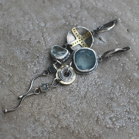 Asymmetric Long Dangle Earrings Vintage Bohemian Sky Blue Stone Cross Round Silver Tone Metal Jewelry For Women Tribal Style