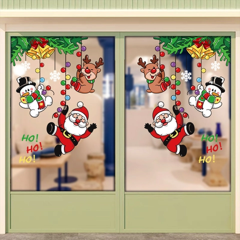 Christmas Window Stickers PVC Static Cling Double Sided Santa Reindeer Snowman Decals Glue Free Holiday Decor