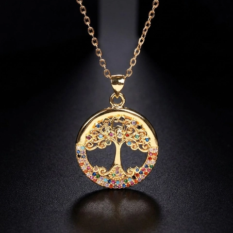 Tree Of Life Pendant Necklace Stainless Steel Copper 18K Gold Plated Colorful Zircon Round Hollow Jewelry For Women